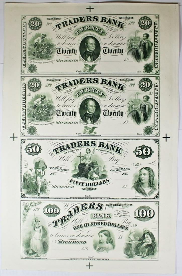 1860'S VIRGINIA TRADERS BANK PROOF SHEET: PRINTED ON BETTER QUALITY PAPER STOCK AS PROOF SHEETS WERE! PROOF SHEETS ARE MUCH MORE SCARCE. (2) $20, (1) $50 AND (1) $100 NOTES ON THIS UNCUT, UNUSED SHEET. NEAR MINT CONDITION. WE SEE THESE LISTED