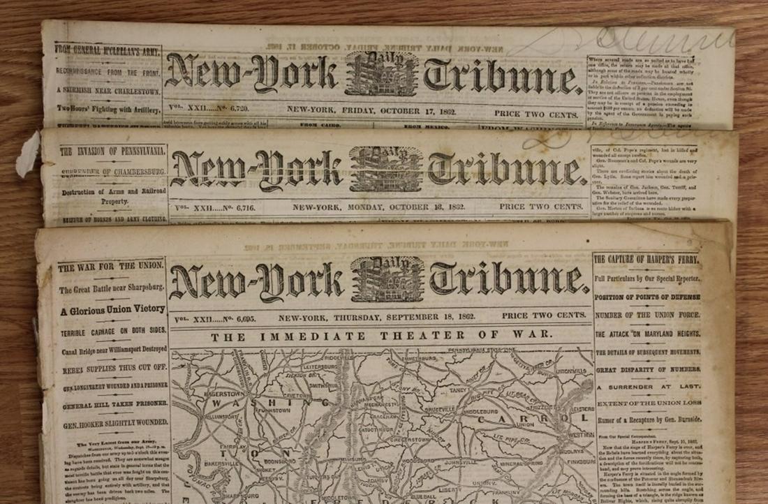 3 DIFFERENT CIVIL WAR NEWSPAPERS: 1861-1865. NEW YORK TRIBUNE, 100% AUTHENTIC AND ORIGINAL. WHAT A SUPER CONTENT TO READ! ESTIMATE: $150-$200