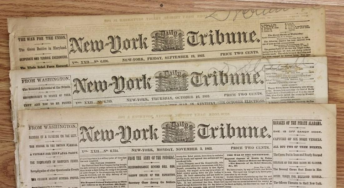 3 DIFFERENT CIVIL WAR NEWSPAPERS: 1861-1865. NEW YORK TRIBUNE, 100% AUTHENTIC AND ORIGINAL. WHAT A SUPER CONTENT TO READ! ESTIMATE: $150-$200