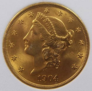 1904 $20 GOLD LIBERTY: OBCS GRADED SUPERB BU++, SAME CONSIGNOR AS THE 1904 $2.50 WHO BOUGHT THESE FROM AN ESTATE WHICH LISTED AS "DIRECTLY FROM THE BANK IN 1904"! ESTIMATE $8500-$9000