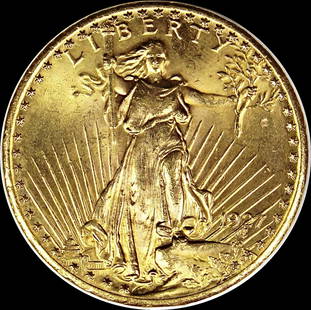 1927 $20.00 ST. GAUDENS GOLD: BGC GRADED. SUPERB GEM BU+ HAS INTERESTING MINT ERROR BOTTOM REVERS, SOMETHING FELL INTO DIE CREATING LITTLE CIRCLE SHAPES! ESTIMATE: $4500-$5000