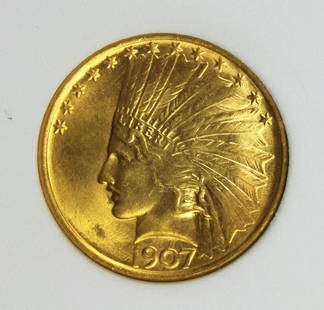 1907 $10.00 INDIAN GOLD: PNA GRADED. SUPERB BU++ AMAZING LUSTRE, NO MARKS. BEST 1907 WE HAVE HAD. FIRST YEAR OF ISSUE! ESTIMATE: $12,500-$15,000