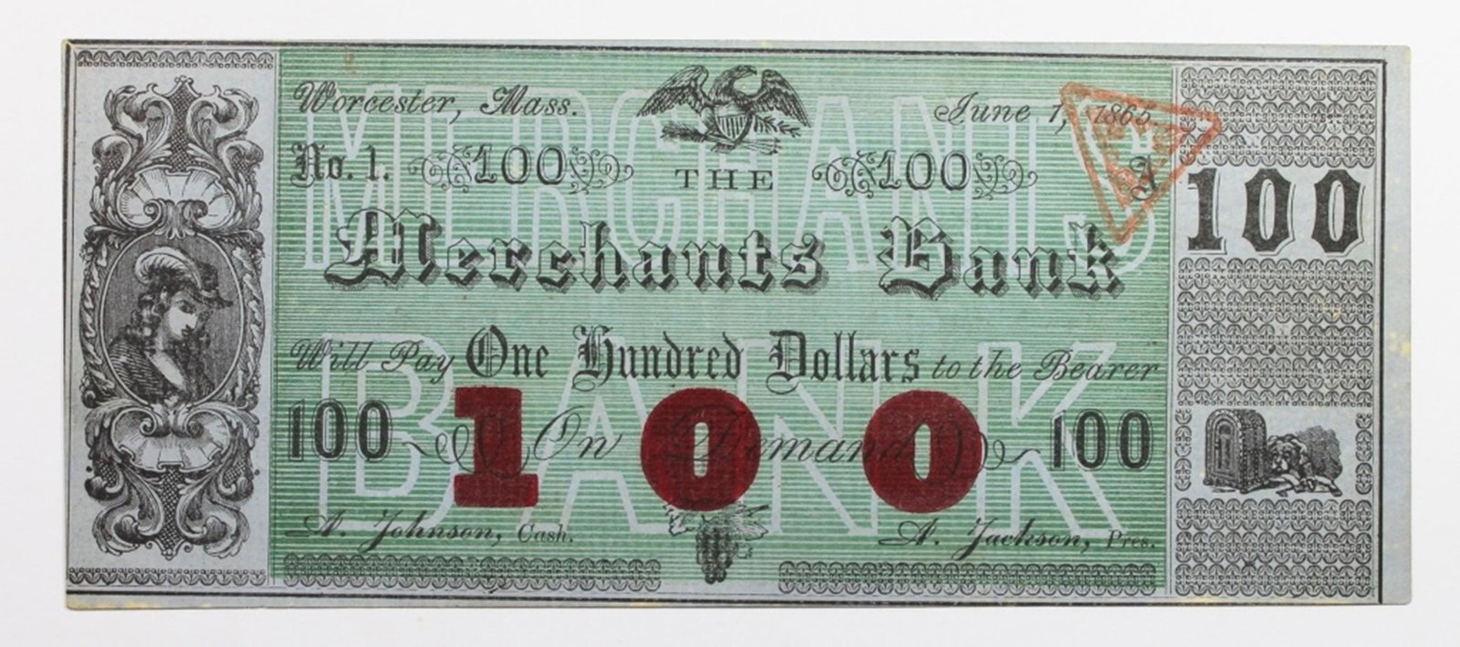 1865 $100 MERCHANTS BANK WORCESTER, MASS (1 of 2)