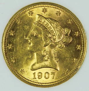 1907-D $10 GOLD LIBERTY: OBCS GRADED GEM BU. ESTIMATE: $900-$1000