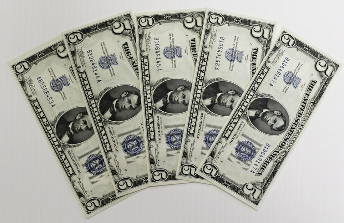 5 PCS. 1934 $5.00 SILVER CERTIFICATES (1 of 2)