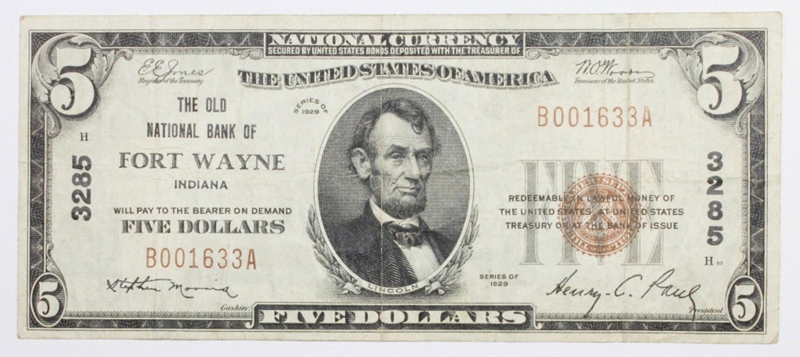 1929 FORT WAYNE $5.00: #3285 VF. ESTIMATE: $95-$125