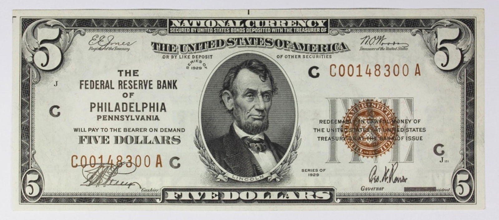 1929 $5.00 FEDERAL RESERVE BANK PHILADELPHIA (1 of 2)