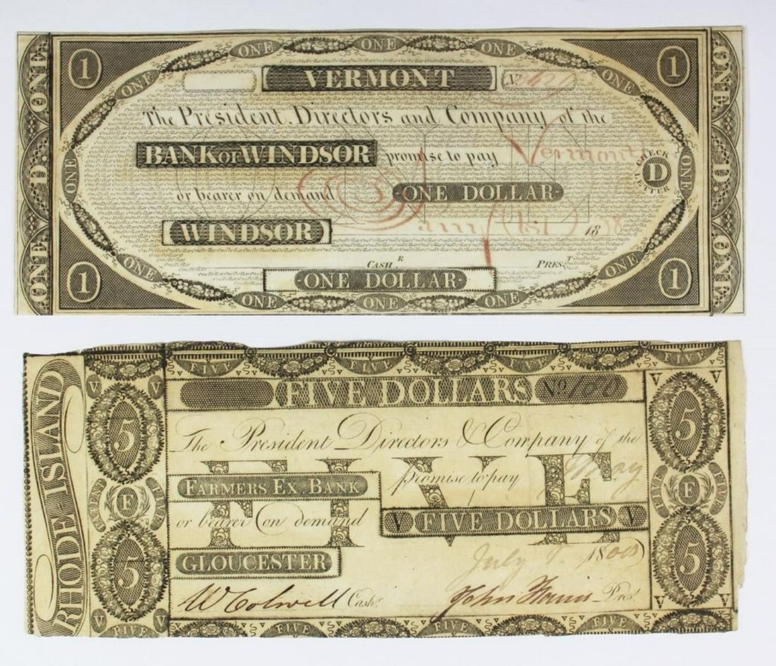 2 EARLY OBSOLETE VERMONT AND RI: 1806 FARMERS EX BANK AND 1838 BANK OF WINDSOR BOTH XF OR BETTER. ESTIMATE: $150-$200
