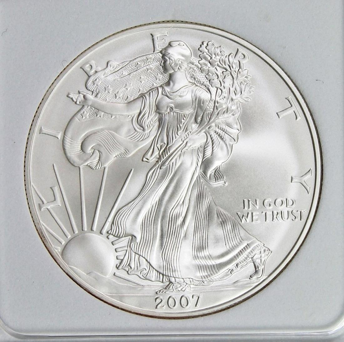 2007-W AMERICAN SILVER EAGLE: BURNISHED. PERFECT BU. NGP GRADED. ESTIMATE: $200-$250