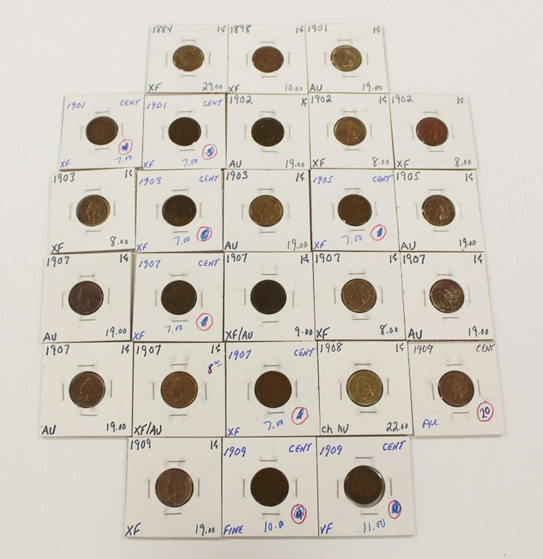 INDIAN HEAD CENT LOT: (2) 1903 XF, 1902 (1) AU, (2) XF, 1901 AU, (2) 1901 XF, 1898 XF, 1903 AU, 1905 XF, 1905 AU, (3) 1907 AU, (3) 1907 XF, (2) 1907 XF-AU, 1908 AU, 1884 XF, 1909 FINE, 1909 VF, 1909 XF, 1909 AU. ESTIMATE: