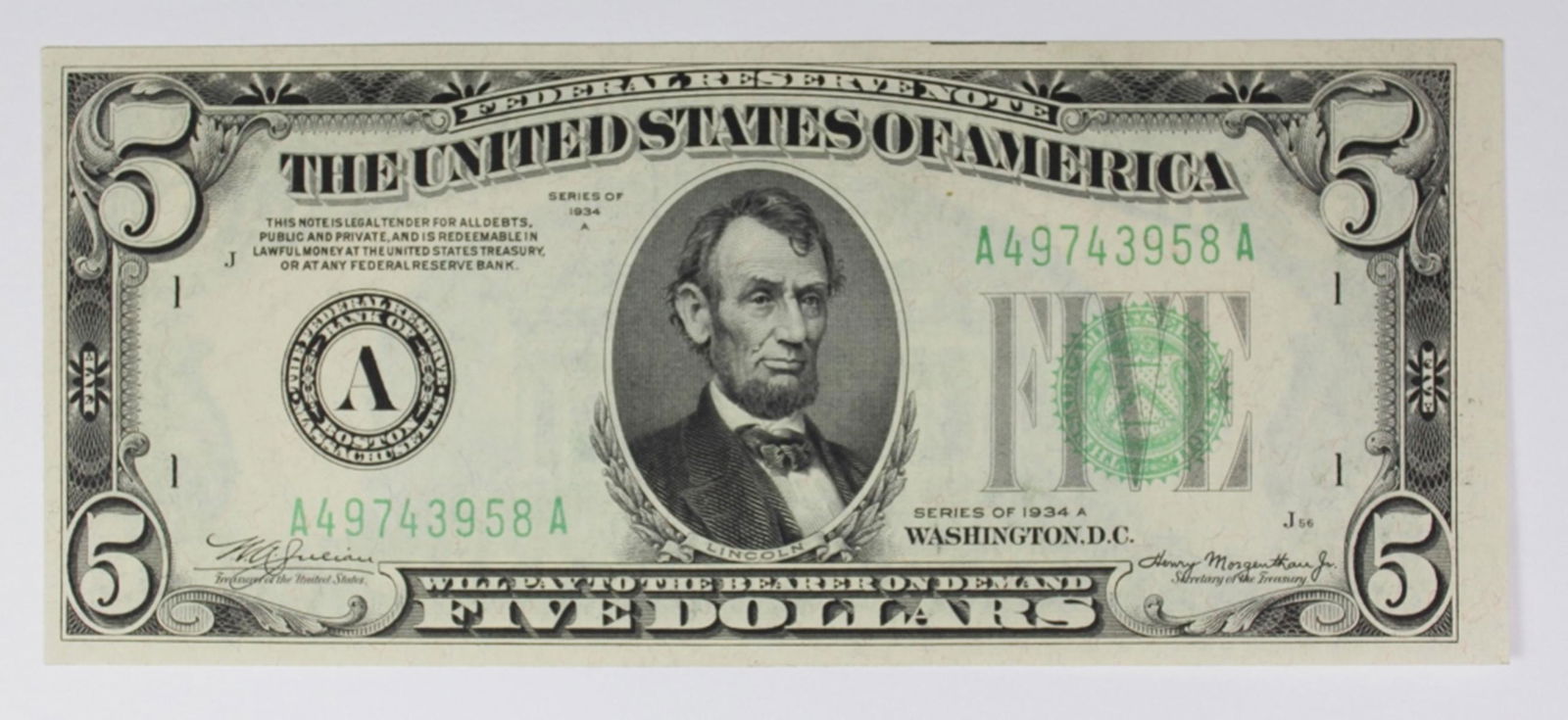 1934-A $5.00 BOSTON FEDERAL RESERVE NOTE (1 of 2)