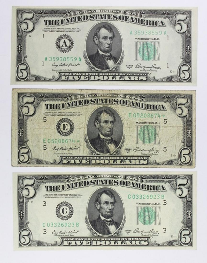 (3) 1950-A FEDERAL RESERVE NOTES: RICHMOND FINE, PHILADELPHIA GEM UNC AND BOSTON GEM UNC. 3 PIECES TOTAL. ESTIMATE: $150-$200