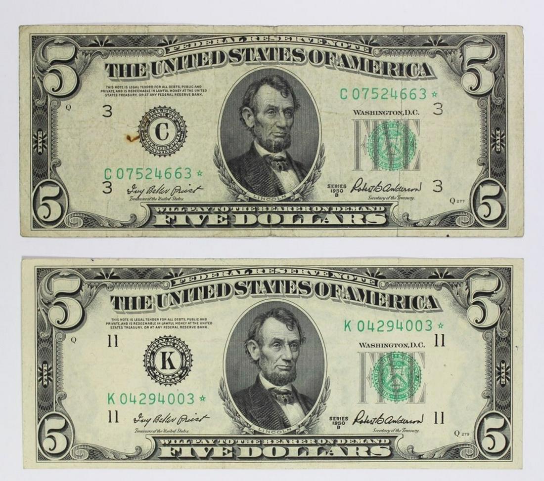 (2) 1950-B $5.00 FEDERAL RESERVE NOTES: DALLAS AU AND PHILADELPHIA VF. ESTIMATE: $75-$100