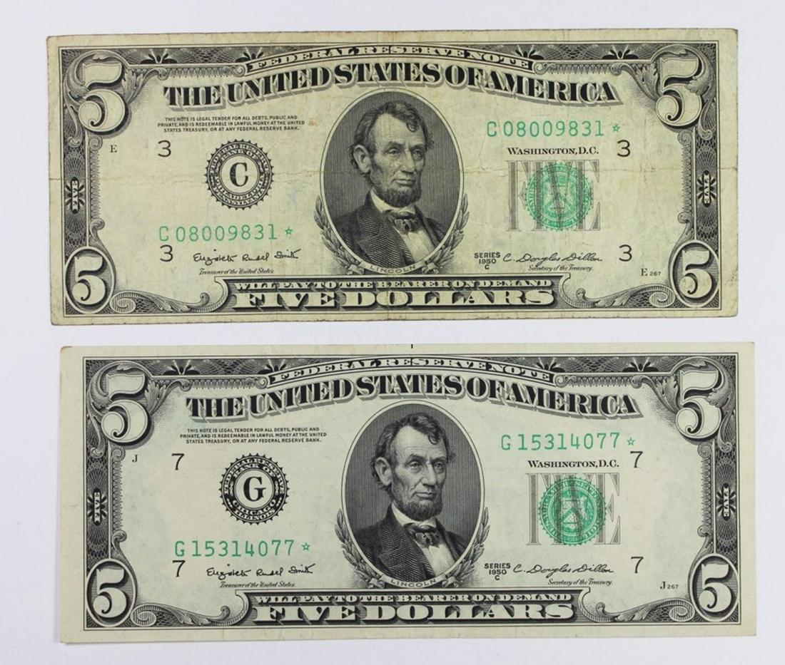 (2) 1950-C $5.00 FEDERAL RESERVE STAR NOTES (1 of 2)