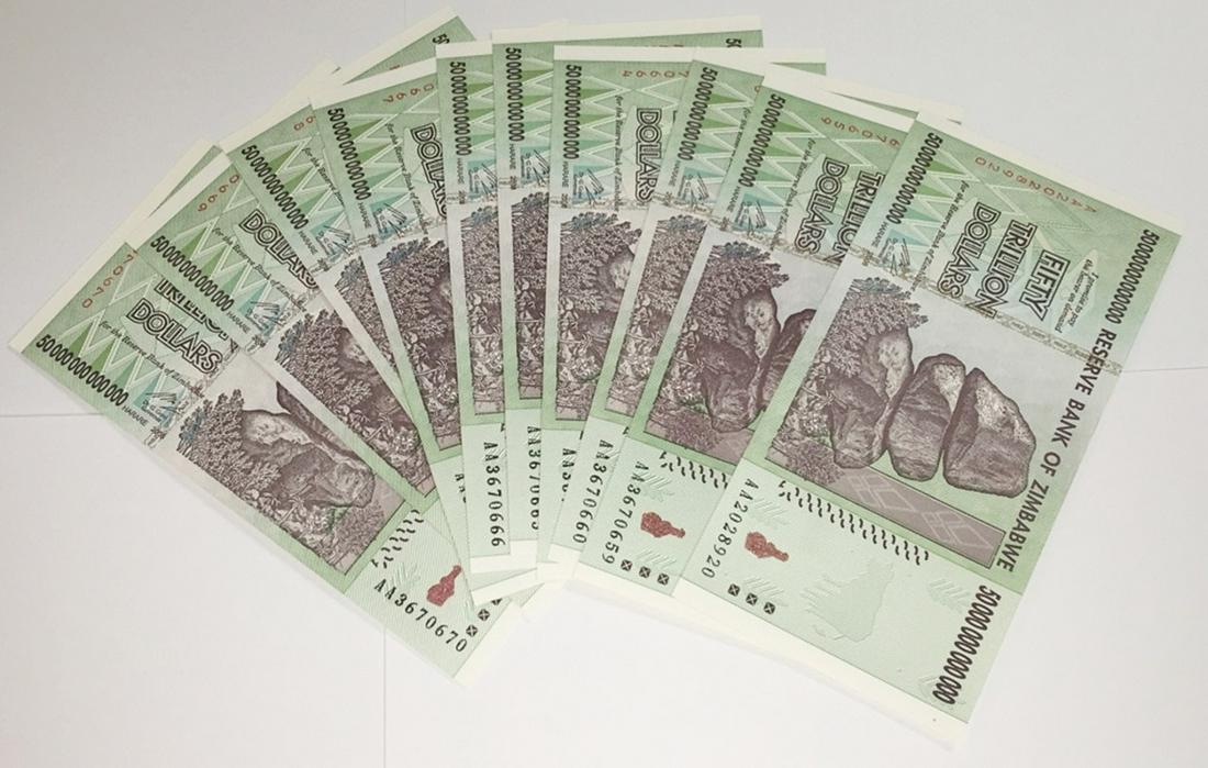 10 PCS. 50 TRILLION DOLLAR ZIMBAWE NOTES (1 of 3)