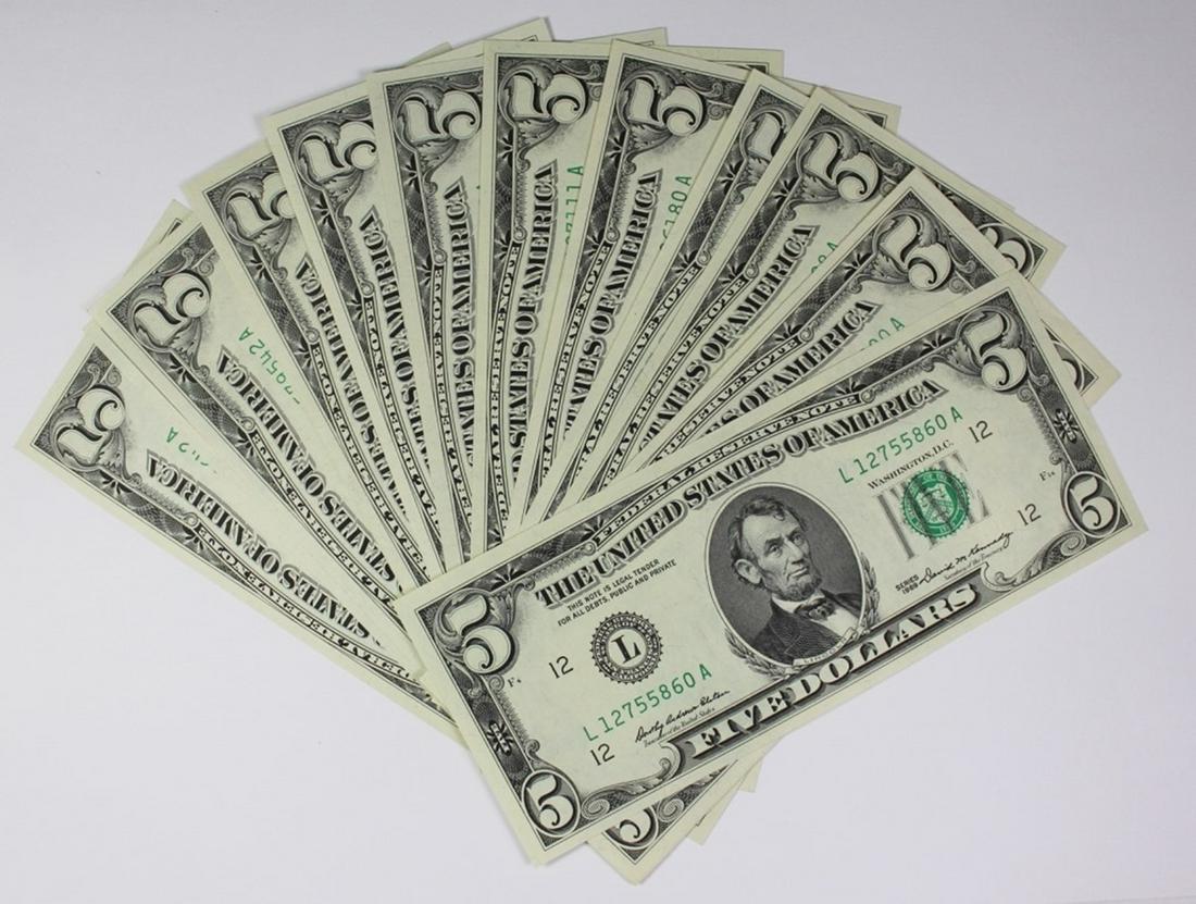 SET OF 12 1969 $5.00 FEDERAL RESERVE NOTES (1 of 5)