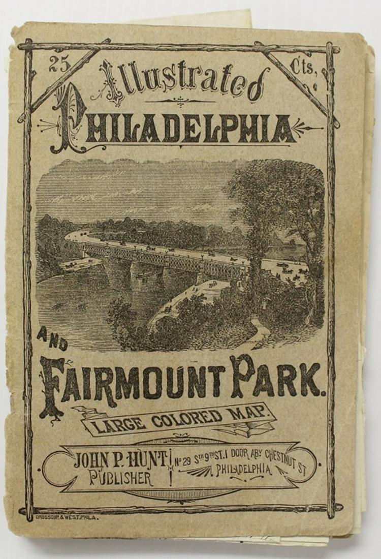 POCKET GUIDE OF PHILADELPHIA CIRCA 1878: INCLUDING LARGE COLORIZED MAP OF CITY. NEED REPAIR BUT STILL FRAMABLE. SOME DAMAGE TO BOOK. STILL REVIEWABLE. ESTIMATE: $40-$100