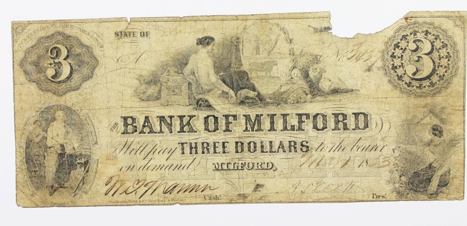 1853 $3 BANK OF MILFORD MASS.: VERY SCARCE. BASAL GOOD, RIPS. ESTIMATE: $80-$100
