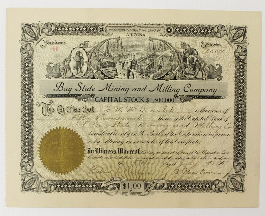 LOT OF 2 1907 BAY STATE MINING: MILLING COMPANY. STOCK CERTIFICATES WITH GOLD SEAL. VERY ATTRACTIVE! ESTIMATE: $90-$150