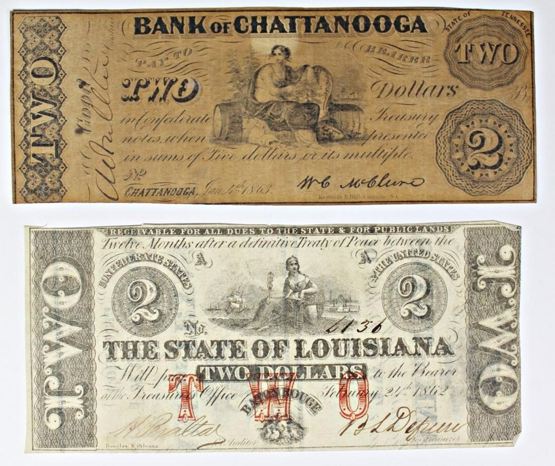 TWO PIECE BANK OF CHATTANOOGA $2 AND: 1862 CONFEDERATE CIVIL WAR. ESTIMATE: $150-$200