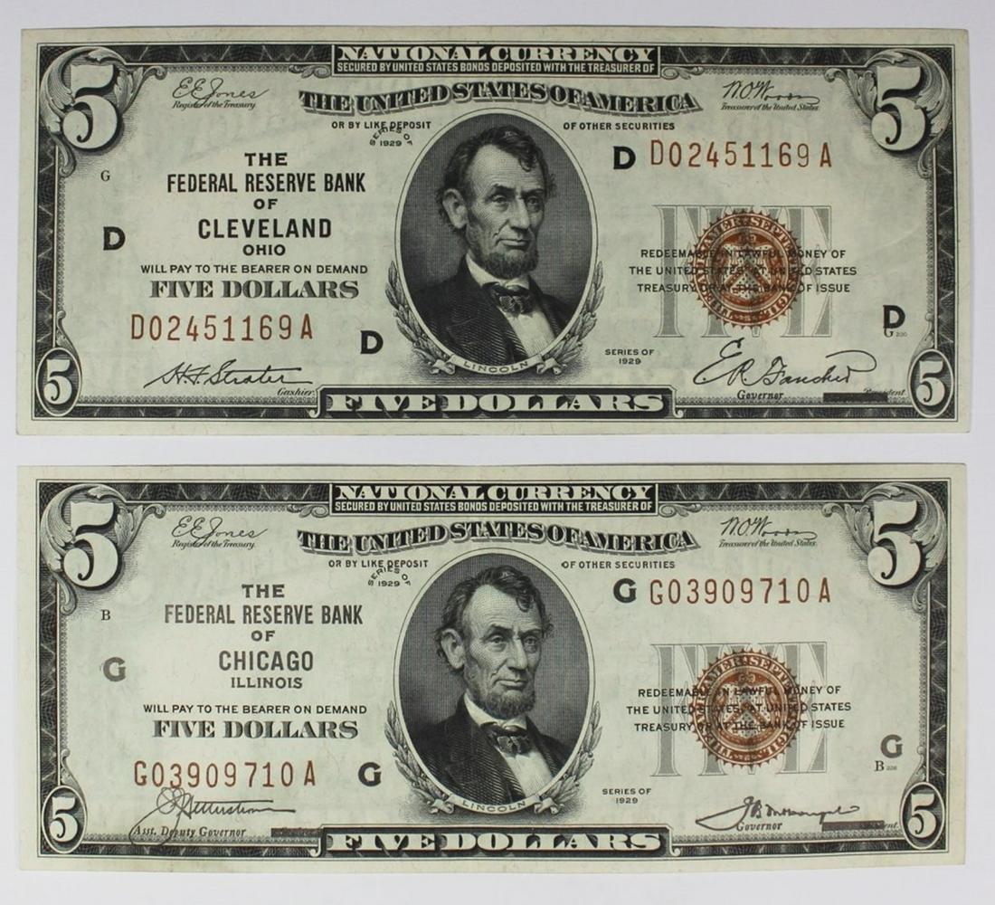 TWO 1929 $5.00 FEDERAL RESERVE BANK NOTES (1 of 2)