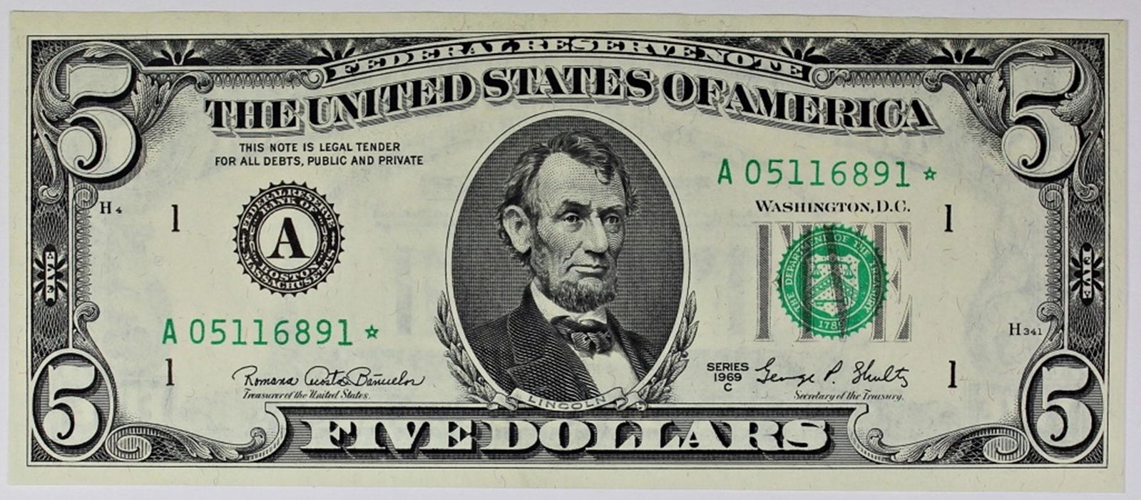 1969-C $5.00 BOSTON FEDERAL RESERVE STAR NOTE (1 of 2)