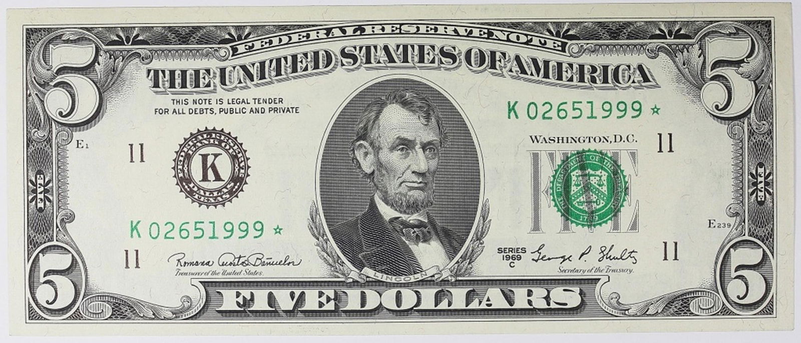 1969-C $5.00 DALLAS FEDERAL RESERVE STAR NOTE (1 of 2)