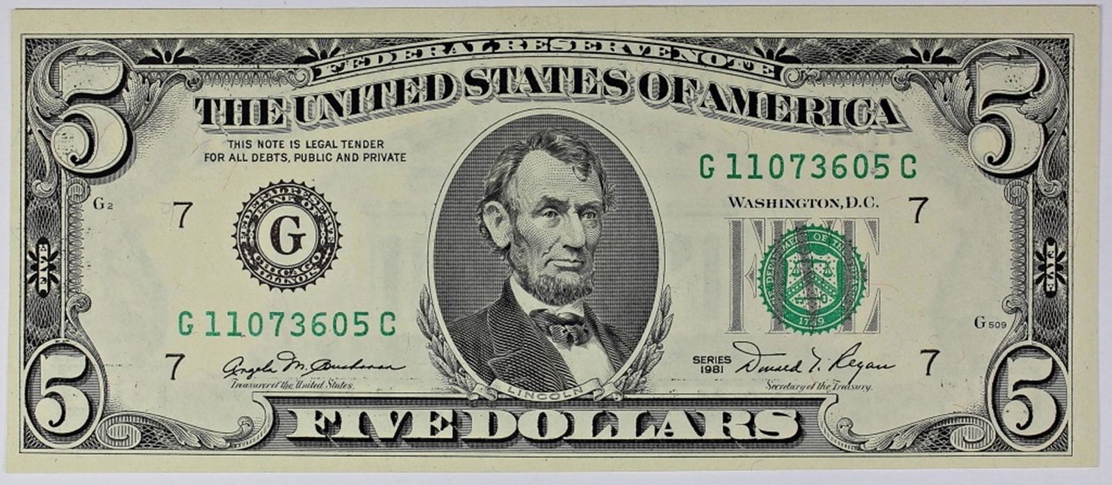 1981 $5.00 CHICAGO FEDERAL RESERVE STAR NOTE (1 of 2)