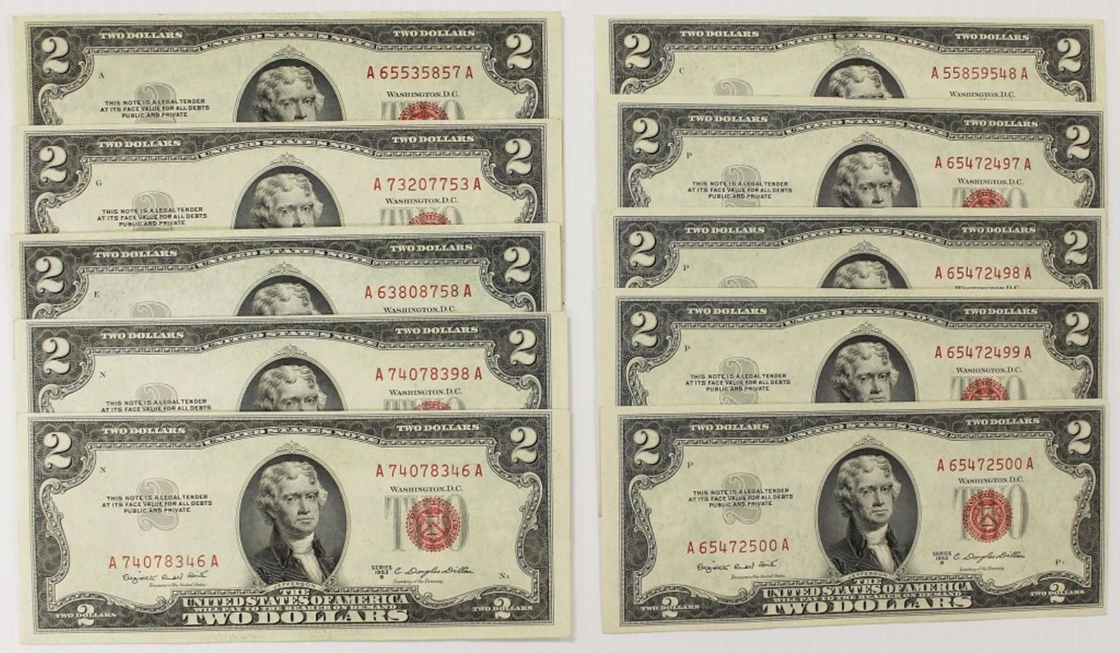 10 PCS. 1953-B $2.00 LEGAL TENDERS (1 of 3)
