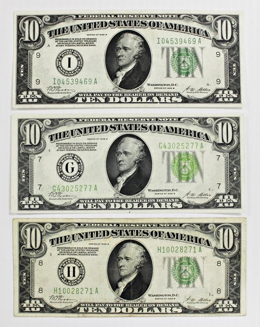 THREE 1928-B $10.00 FEDERAL RESERVE NOTES: 1928-B AU MINNEAPOLIS, 1928-B CHOICE UNC CHICAGO, AND 1928-B VF. ST. LOUIS. ESTIMATE: $250-$300