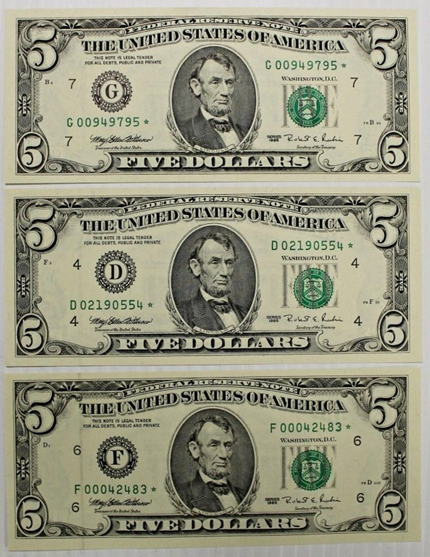 THREE 1995 $5.00 FEDERAL RESERVE STAR NOTES: (1 of 2)