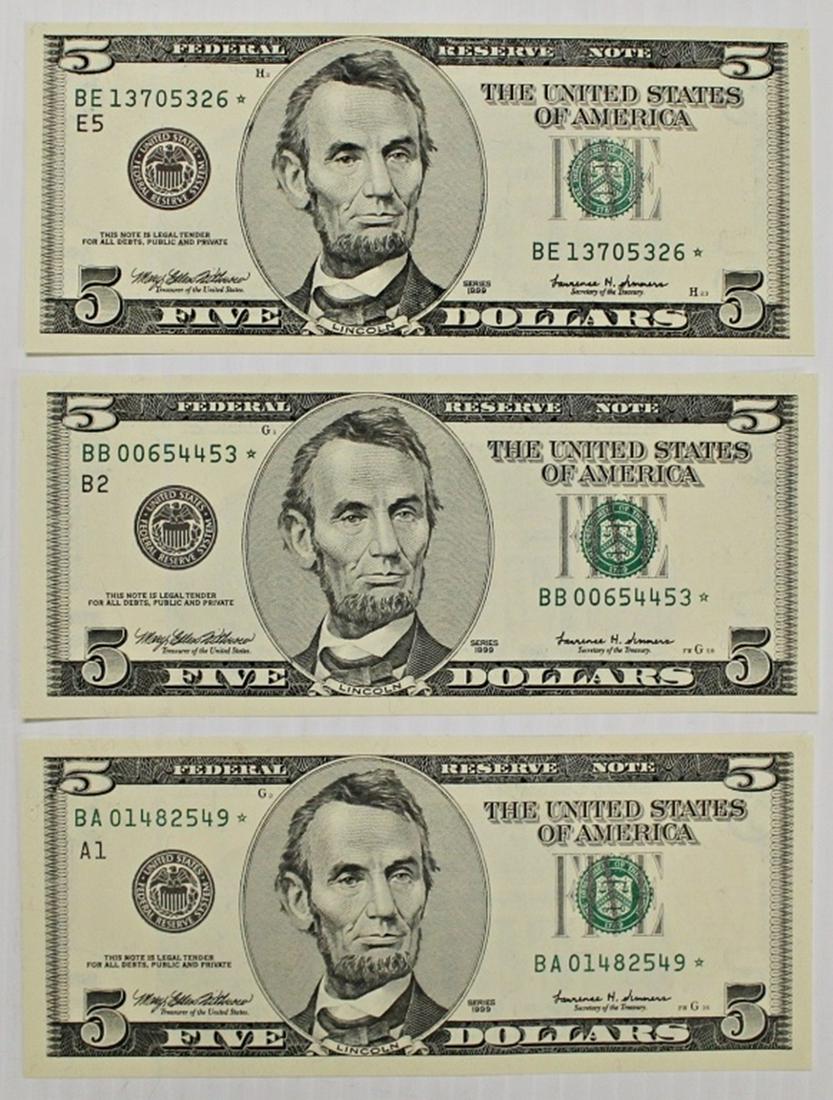 THREE 1999 $5.00 FEDERAL RESERVE STAR NOTES: (1 of 2)