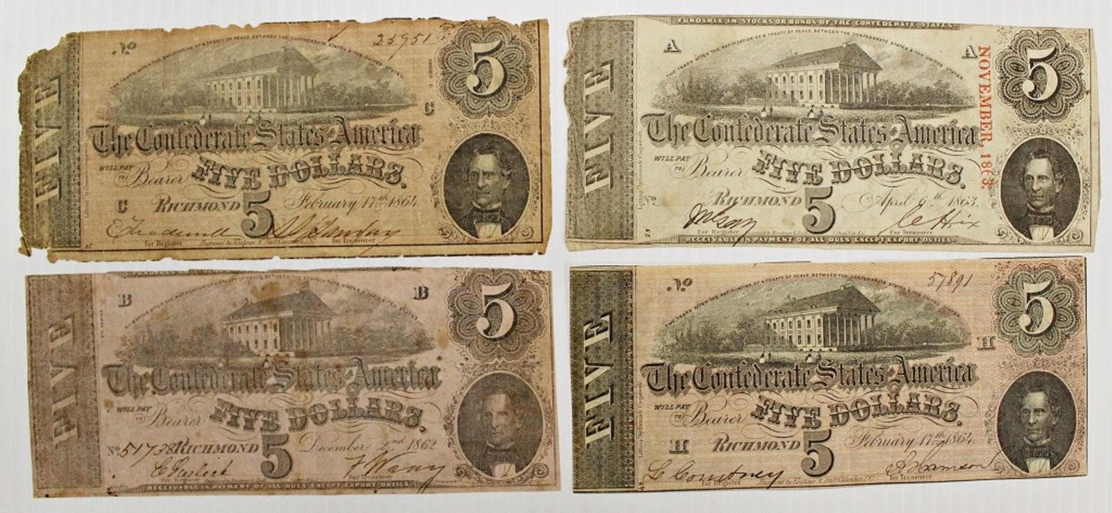 4 PCS. CONFEDERATE $5.00 NOTES (1 of 2)
