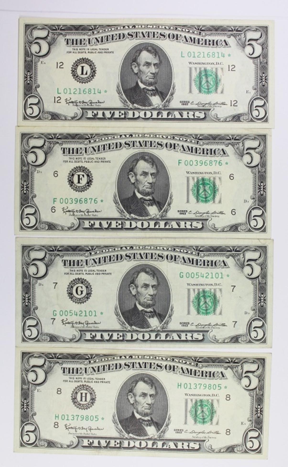 1963 $5.00 FEDERAL RESERVE NOTES: ST LOUIS AU UNC, CHICAGO XF, ATLANTA XF AND SAN FRANCISCO AU/UNC. ESTIMATE: $125-$175