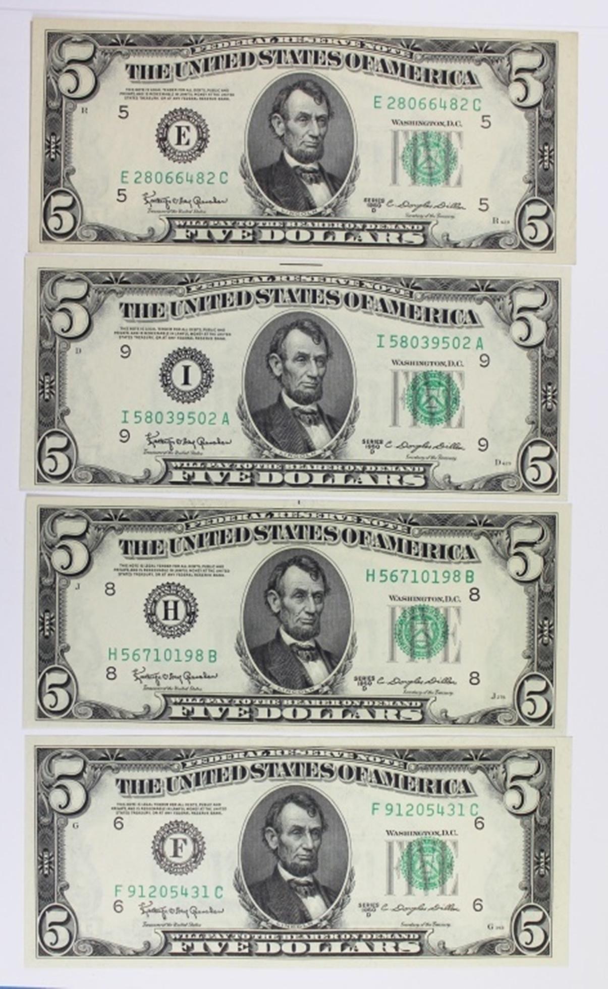 (4) 1950-D $5.00 FEDERAL RESERVE NOTES (1 of 2)