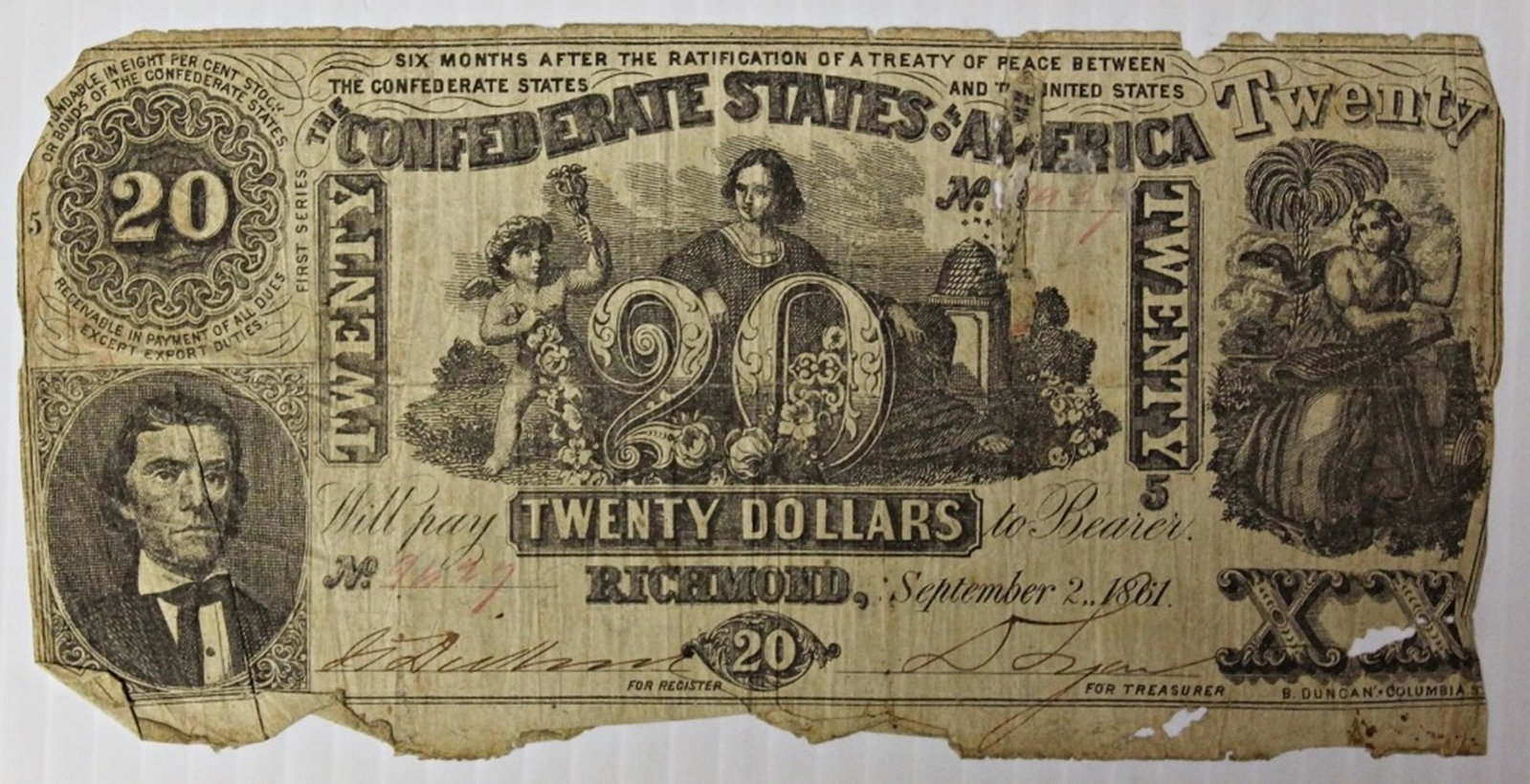 1861 $20 CONFEDERATE STATES OF AMERICA: 1861 CONFEDERATE $20. ESTIMATE: $50-$75