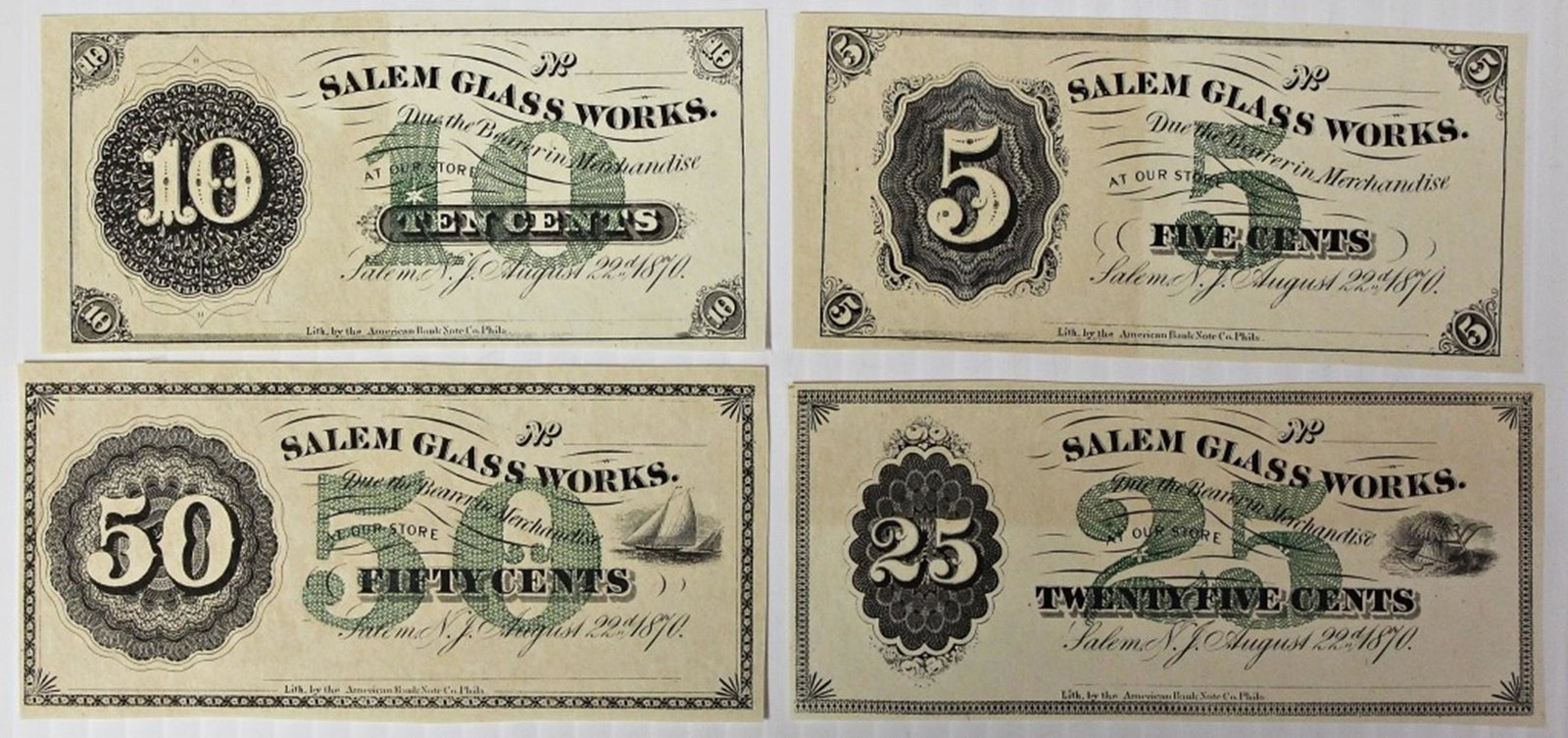 (4) SALEM GLASS WORKS: 10 CENT, FIVE CENT, 50 CENT AND 25 CENT. ESTIMATE: $100-$150