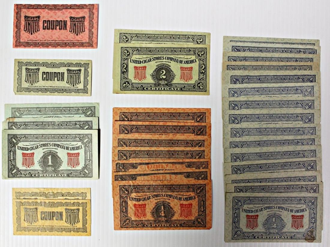 GROUP LOT OF CIGAR STORE COMPANY CERTS & COUPONS (1 of 2)