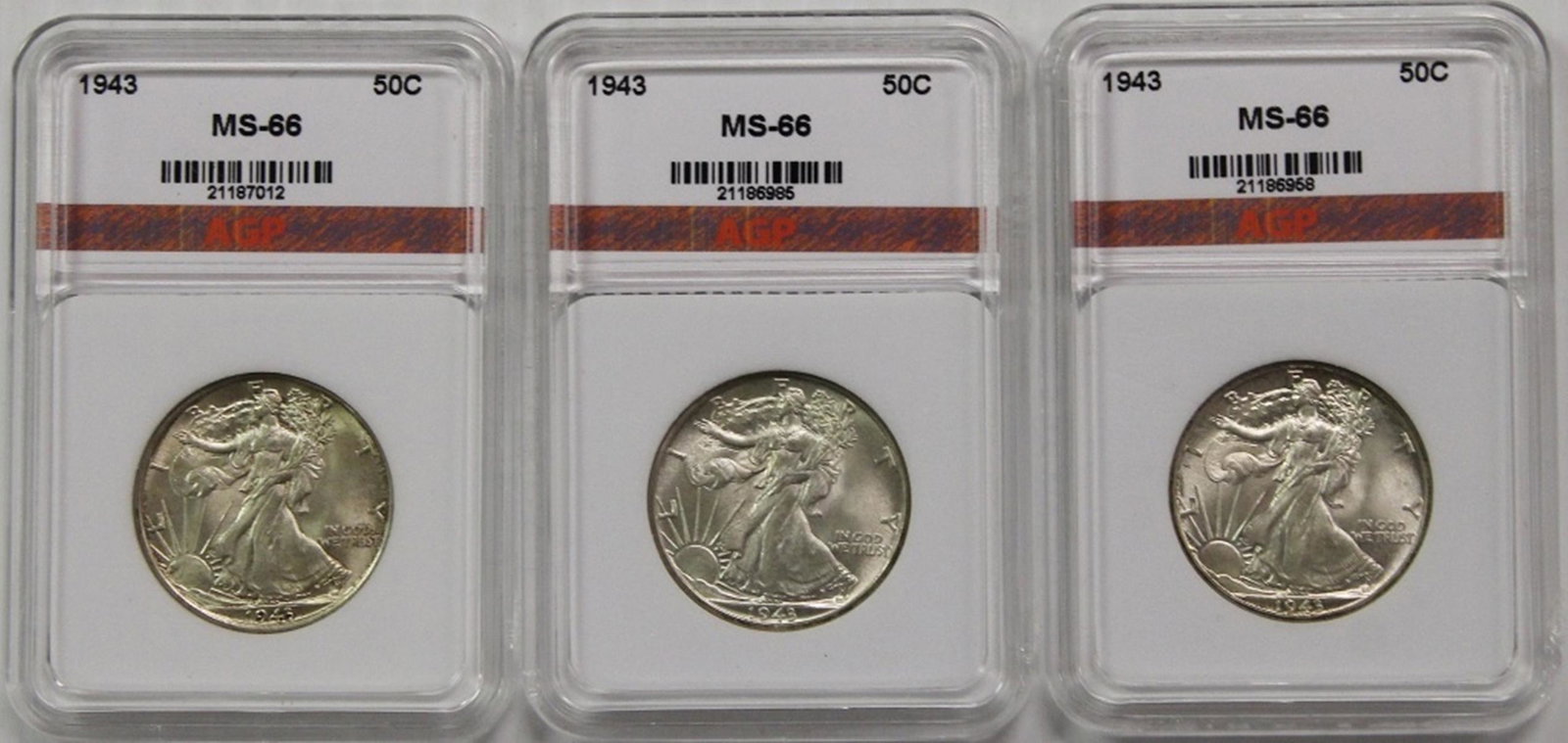 THREE 1943 WALKING LIBERTY HALF DOLLARS (1 of 2)