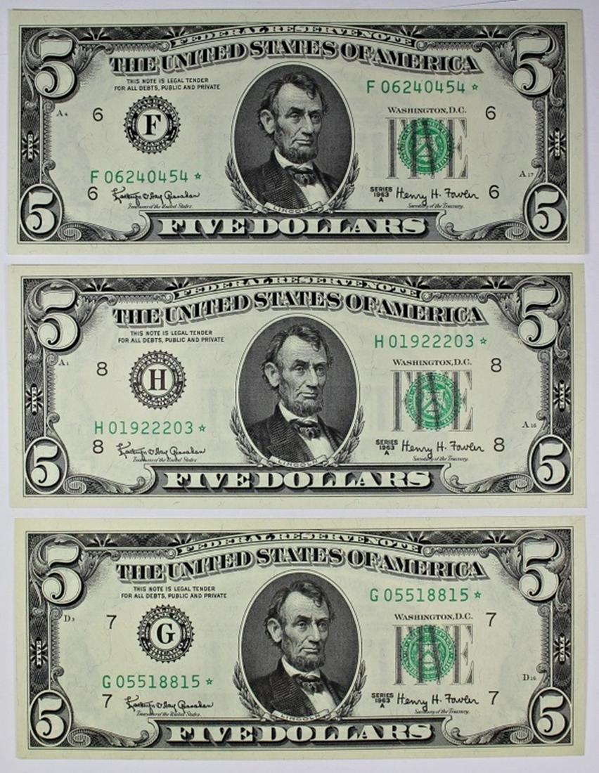(3) 1963-A $5.00 FEDERAL RESERVE STAR NOTES (1 of 2)
