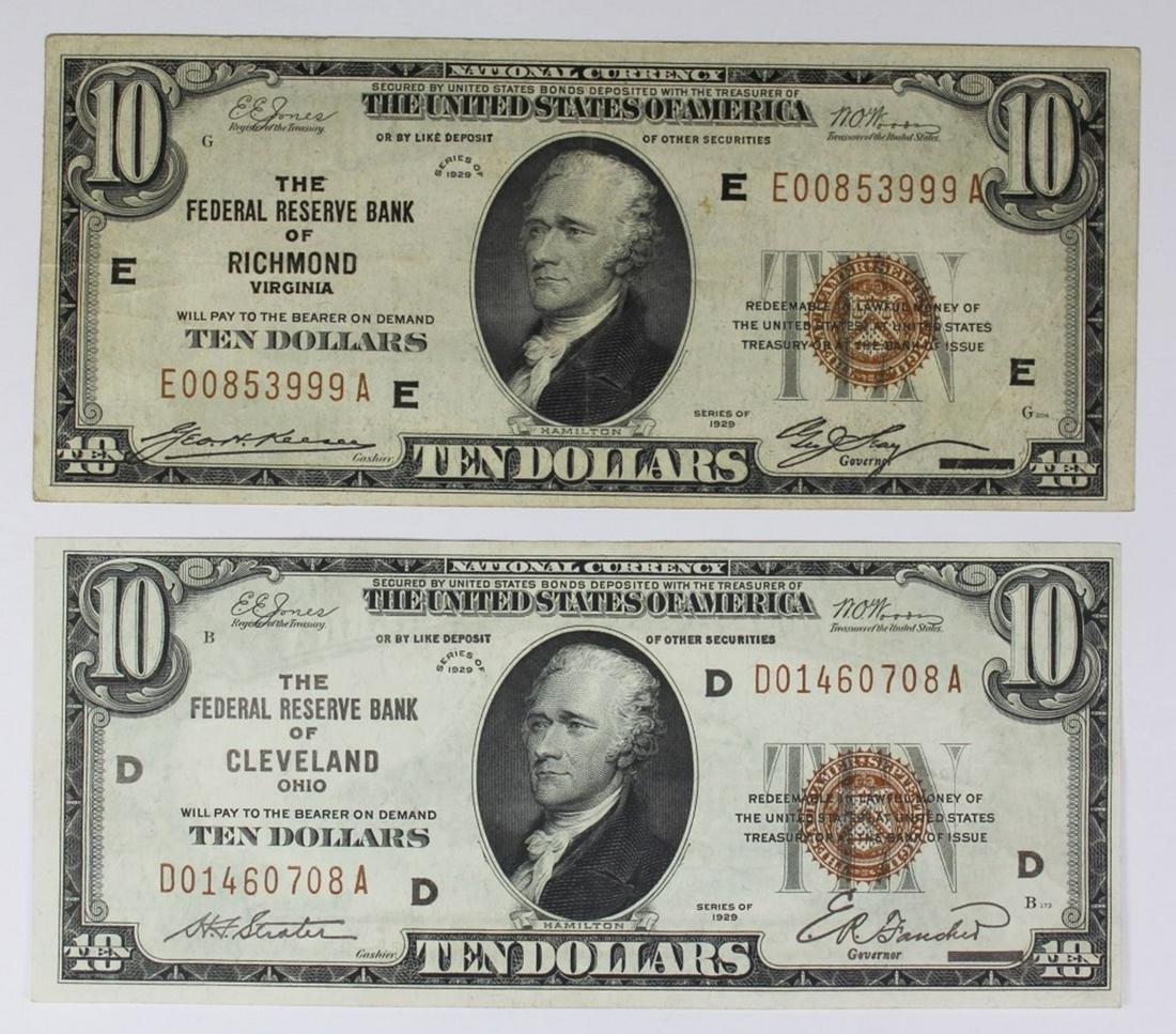TWO 1929 $10.00 FEDERAL RESERVE BANK NOTES: CLEVELAND AU AND RICHMOND VF/XF. ESTIMATE: $200-$225