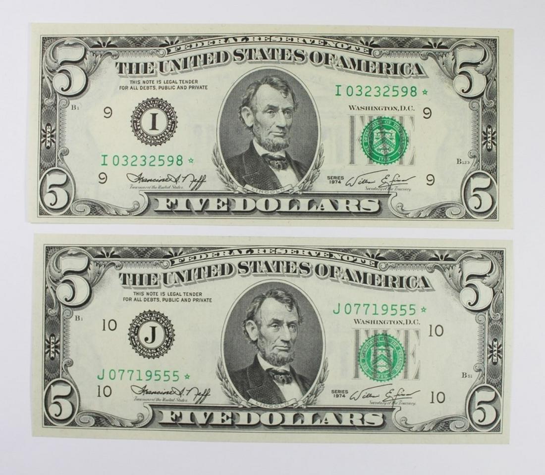 TWO 1974 $5.00 FEDERAL RESERVE STAR NOTES (1 of 2)