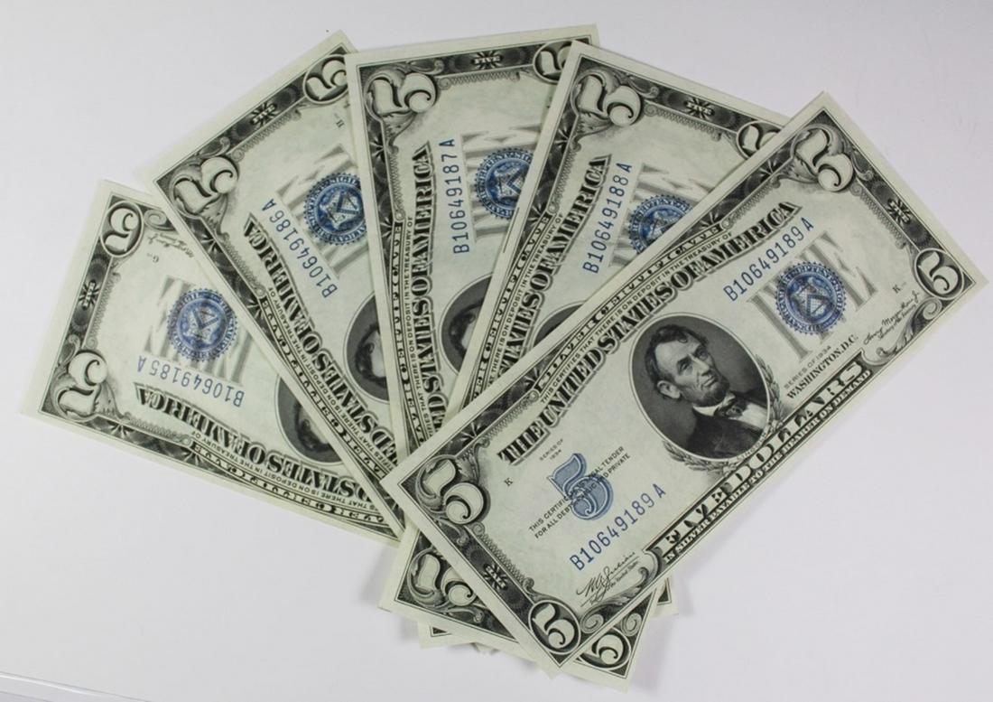 (5) 1934 $5.00 SILVER CERTIFICATES (1 of 3)