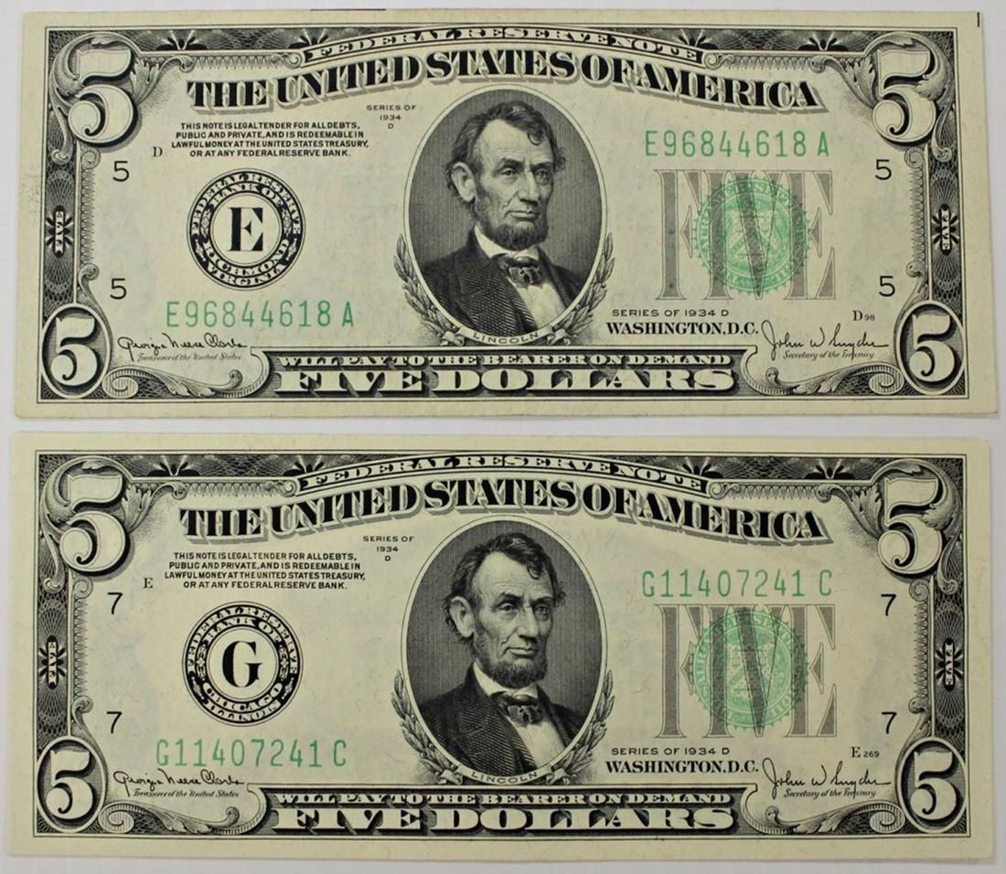 TWO 1934-D $5.00 FEDERAL RESERVE NOTES: (1 of 2)