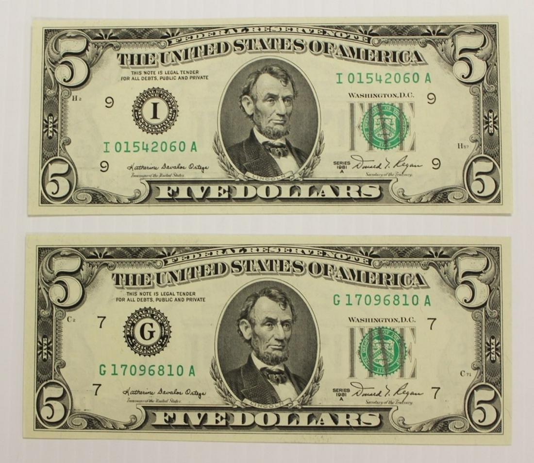 TWO 1981-A $5.00 FEDERAL RESERVE NOTES: (1 of 2)