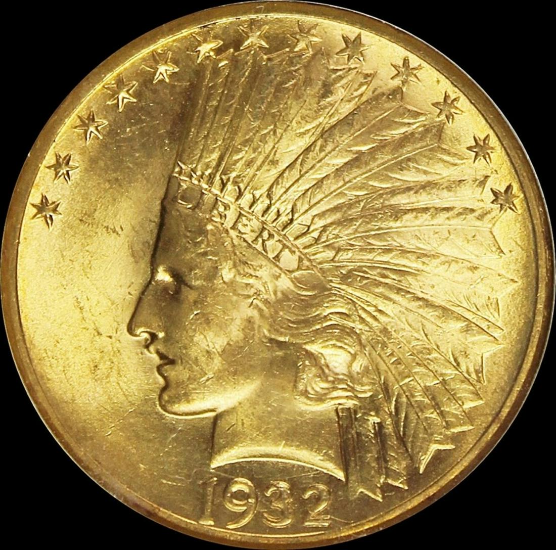 1932 $10.00 GOLD INDIAN: OBCS GRADED. SUPERB BU++ SUPER LUSTRE, ORIGINAL, A REAL CHERRY COIN! ESTIMATE: $4,500-$7,000