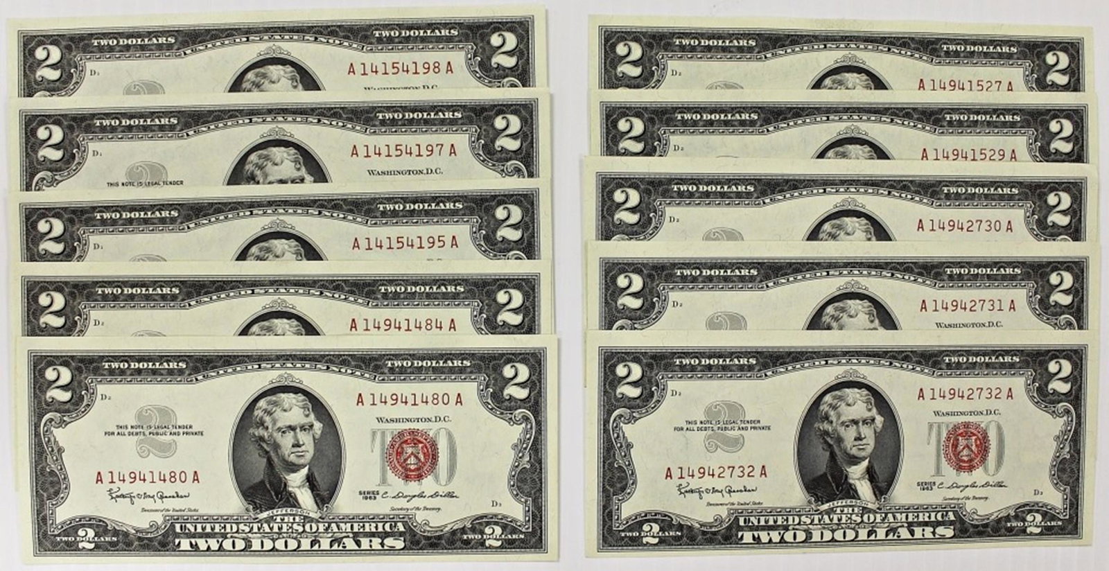 10 PCS. 1963 $2.00 LEGAL TENDERS (1 of 3)