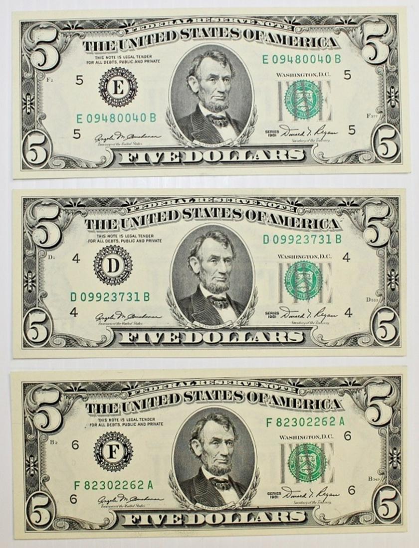 THREE 1981 $5.00 FEDERAL RESERVE NOTES (1 of 2)