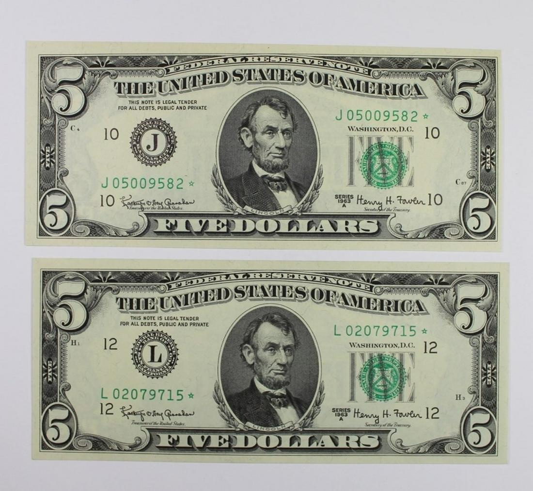(2) 1963-A $5.00 FEDERAL RESERVE STAR NOTES: GEM UNC. SAN FRANCISCO AND KANSAS CITY. SCARCE. ESTIMATE: $150-$250