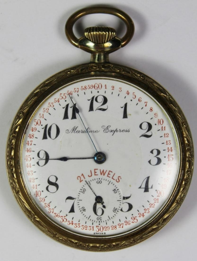 GOLD FILLED MARITIME EXPRESS 21 JEWEL: POCKET WATCH. CIRCA 1890'S. RUNS GREAT! WELL WORN BUT UNDAMAGED. ESTIMATE: $100-$150